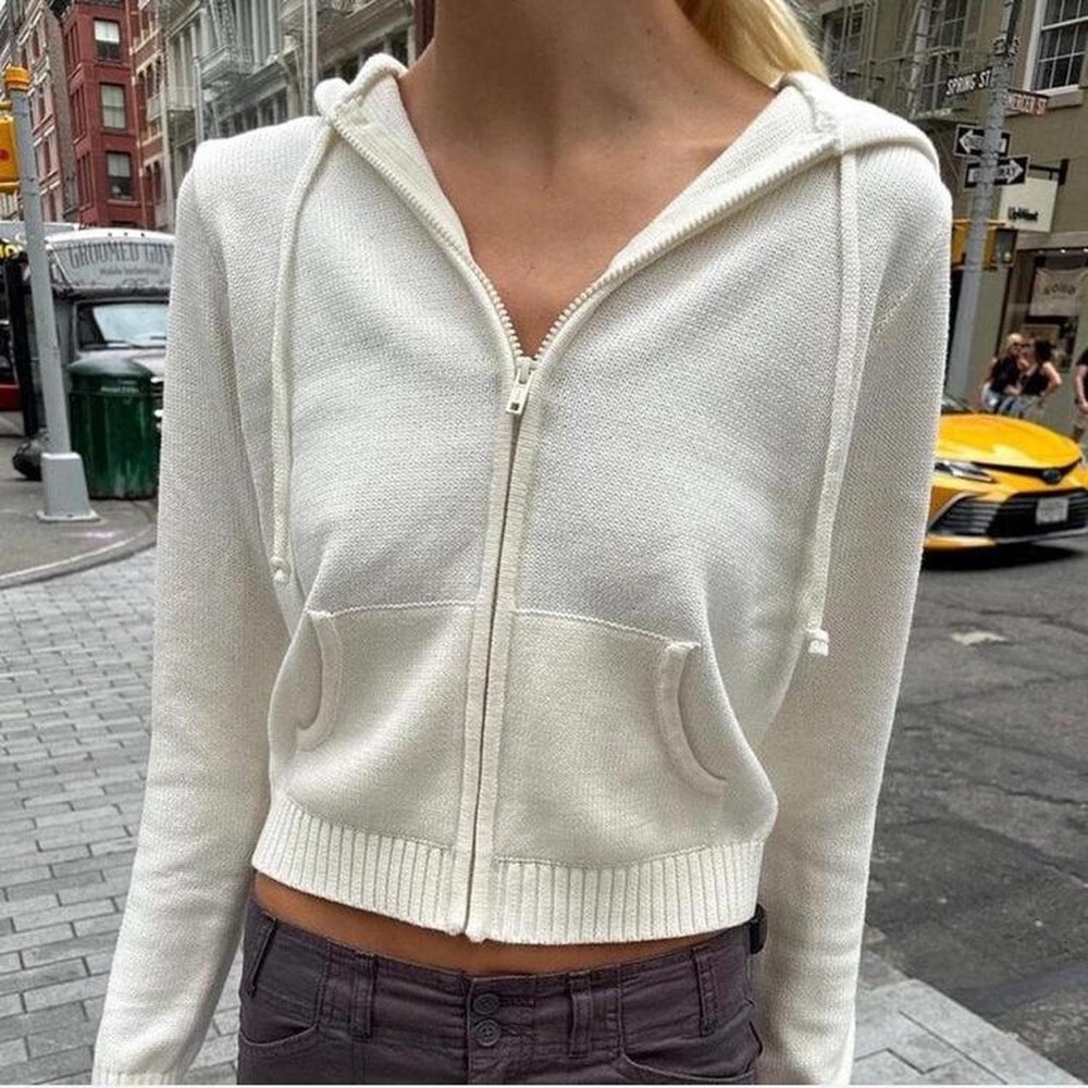 Brandy Melville White Knit Zip-Up Sweater with Hood